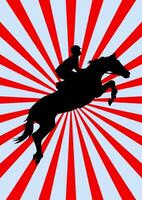 Graphics design silhouette horse jumping with red Sunburst Background, Vector Illustration