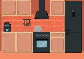 Cozy and modern kitchen interior, flat kitchen interior, coffee maker, refrigerator and stove, vector kitchen