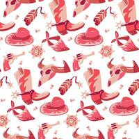 A pattern in the form of cartoon pink boots for a cowgirl, dynamite, a hat, a sheriff's badge and a revolver. A hat for a party. The fashionable style of the Wild West. Cowboy western. flat vector