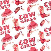 A pattern in the form of cartoon pink boots for a cowgirl, a hat, dynamite and a revolver. A hat for a party. The fashionable style of the Wild West. Cowboy western. Color flat vector