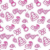 A pattern with contour details of a wardrobe for pink. Shoes, a ring, earrings, glasses and other details of jewelry for a girl. Printing on textiles and paper. Packaging vector