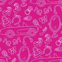 A pattern with contoured details for pink on a pink background. A mirror, a car, a comb, a hoop, a bow and other details of jewelry for a girl. Printing on textiles and paper. Packaging vector