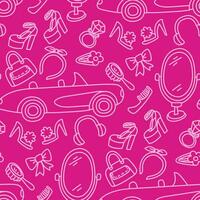 A pattern with contoured details for pink on a pink background. A mirror, a car, a comb, a hoop, a bow and other details of jewelry for a girl. Printing on textiles and paper. Packaging vector