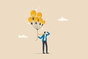Innovation idea, creativity, solution or smart thinking, inspiration, imagination or wisdom to develop business plan, advice or invention concept, smart businessman holding lightbulb idea balloons. vector