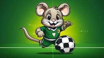 un linda ratón Deportes mascota plano ilustración vistiendo un fútbol uniforme y jugando fútbol generativo ai foto