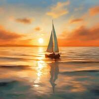 Digital painting of a serene coastal scene at sunset with water waves and sailboat generative ai photo