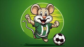 un linda ratón Deportes mascota plano ilustración vistiendo un fútbol uniforme y jugando fútbol generativo ai foto