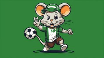 un linda ratón Deportes mascota plano ilustración vistiendo un fútbol uniforme y jugando fútbol generativo ai foto