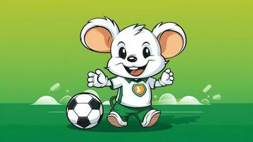 un linda ratón Deportes mascota plano ilustración vistiendo un fútbol uniforme y jugando fútbol generativo ai foto