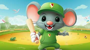 un linda ratón Deportes mascota plano ilustración vistiendo un béisbol uniforme y jugando béisbol generativo ai foto