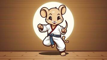 A cute mouse Sports Mascot flat illustration wearing a karate uniform and playing karate generative ai photo