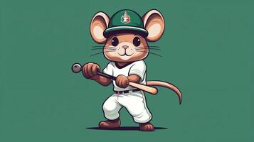 un linda ratón Deportes mascota plano ilustración vistiendo un béisbol uniforme y jugando béisbol generativo ai foto