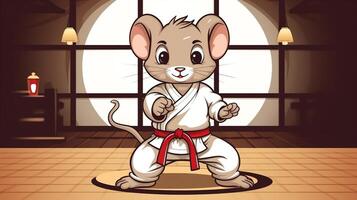 A cute mouse Sports Mascot flat illustration wearing a karate uniform and playing karate generative ai photo