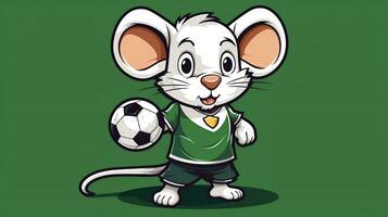 un linda ratón Deportes mascota plano ilustración vistiendo un fútbol uniforme y jugando fútbol generativo ai foto