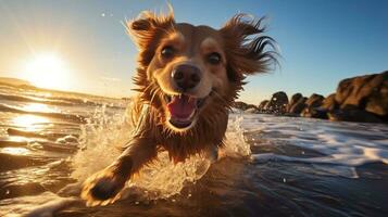 A playful cute dog standing on a sandy beach with waves crashing in the background generative ai photo
