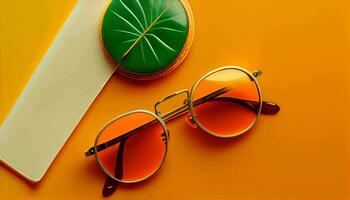 Retro old-fashioned sunglass on vibrant orange background generative ai photo