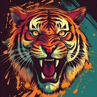 A snarling tiger with lightning bolts crackling around its body in a dynamic pop art style generative ai photo