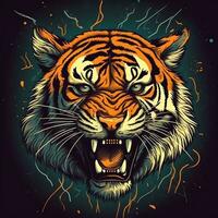 A snarling tiger with lightning bolts crackling around its body in a dynamic pop art style generative ai photo