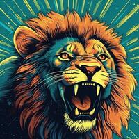 A snarling lion with lightning bolts crackling around its body in a dynamic pop art style generative ai photo