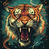 A snarling tiger with lightning bolts crackling around its body in a dynamic pop art style generative ai photo