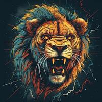 A snarling lion with lightning bolts crackling around its body in a dynamic pop art style generative ai photo