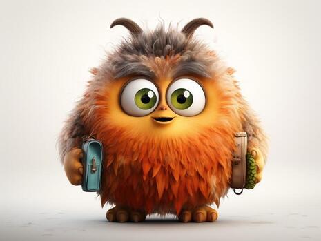 Furry monster with two large eyes and a big nose on white background cute on the first day of school generative ai photo