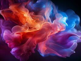 Abstract multicolored spreading bright Neon lighted smoke texture background generative ai photo