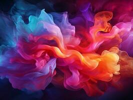 Abstract multicolored spreading bright Neon lighted smoke texture background generative ai photo