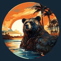 Brown bear robot, funny robotic animal with beach landscape with sunset and palm trees generative ai photo