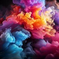 Abstract multicolored spreading bright Neon lighted smoke texture background generative ai photo