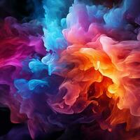 Abstract multicolored spreading bright Neon lighted smoke texture background generative ai photo