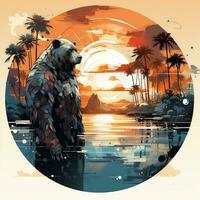 Brown bear robot, funny robotic animal with beach landscape with sunset and palm trees generative ai photo