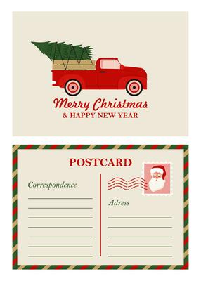 Christmas Vintage Greeting Postcard with retro red pickup truck car and Santa Claus. Xmas Vector illustration in flat style