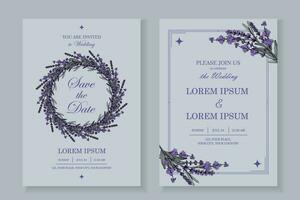 elegante modelo de Boda invitación tarjetas con lavanda rústico decoración. vector ilustración en Clásico grabado estilo