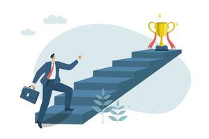 The first step to start, difficult path is the path to beautiful rewards The challenge to goals and starting, Businessman started walking up the stairs in search of a trophy. Vector illustration.