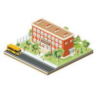 Isometric school building with yellow bus isolated on white background. vector