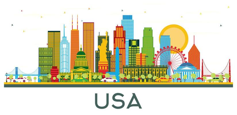 USA Skyline with Color Skyscrapers and Landmarks isolated on white.