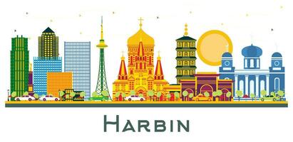 Harbin China city Skyline with Color Buildings isolated on white. vector