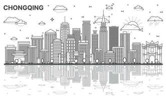 Outline Chongqing China City Skyline with Modern Buildings and Reflections Isolated on White. vector