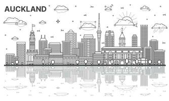 Outline Auckland New Zealand city skyline with modern buildings and reflections isolated on white. vector