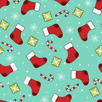 Seamless pattern Christmas socks with gifts and candy cane on a blue background vector