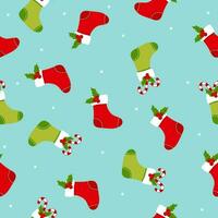 Christmas pattern with holly berries, candy canes, xmas socks and  snowflakes on blue background. Happy New Year design. Winter holiday concept. Vector illustration.