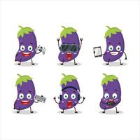 Eggplant cartoon character are playing games with various cute emoticons vector