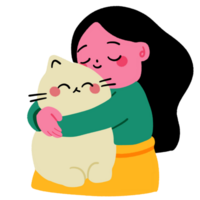 Illustration of woman hugging chubby cat png