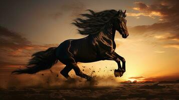 Black horse on the run. silhouette concept photo