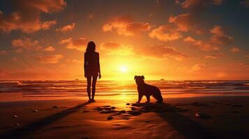 un niña y su perro disfrutar el playa puesta de sol en el bahía. silueta concepto foto