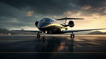 Luxury private jet parked on tarmac with ample space above. silhouette concept photo