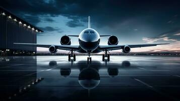 Luxury private jet parked on tarmac with ample space above. silhouette concept photo