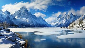 Landscape photography capturing the scenic Chesery lake and snowy Monte Bianco mountains in Chamonix France Alps. silhouette concept photo