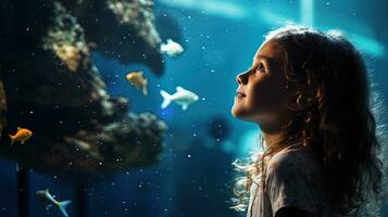 niña teniendo divertido explorador acuático vida a el acuario. silueta concepto foto